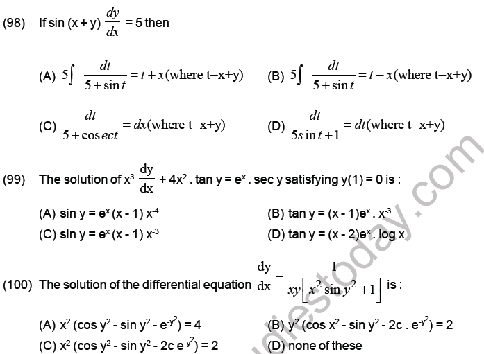 JEE Mathematics Differential Equations MCQs Set B, Multiple Choice ...